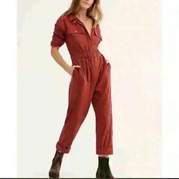 Free People Pants - Free People Set The Tone Eyelet Jumpsuit in Rust Combo Size 2